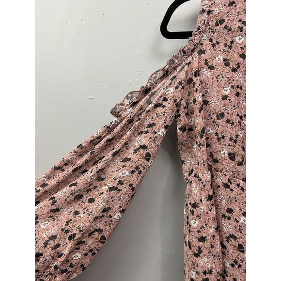 American Eagle Top Womens Small Pink Floral Cold‎ Shoulder Blouse Boho Sheer - Picture 6 of 7